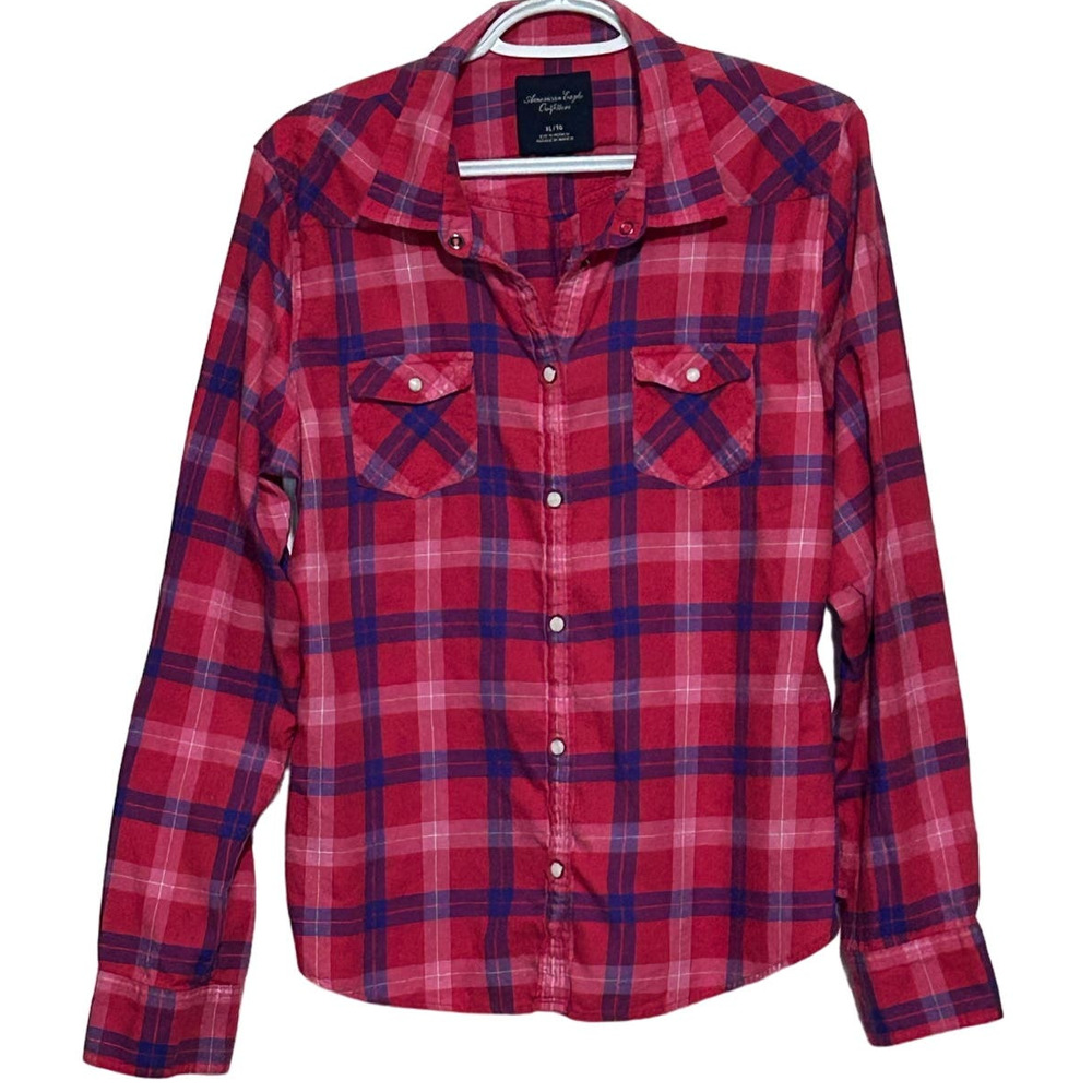 American Eagle Outfitters Women's Red Purple Long Sleeve‎ Pearl Snaps Size XL